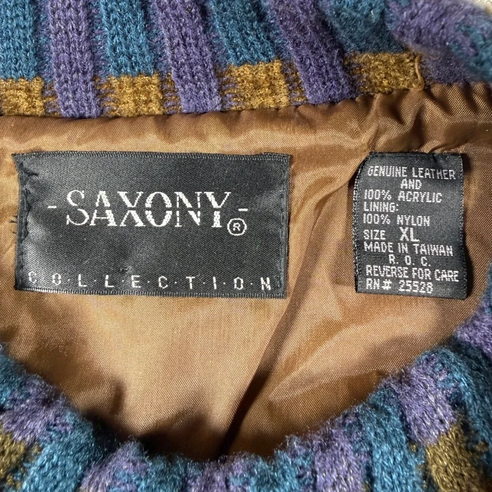 Saxony Sweater Mens XL Tan Leather Knit L/S Geometric Patchwork Vintage